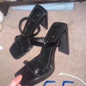 Lulu's Black Patent Square-Toe Double-Strap Block Heels